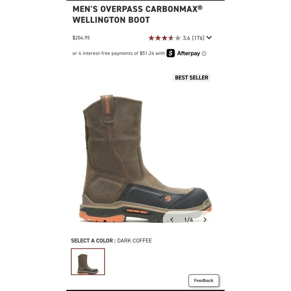 13EW Extra Wide-Wolverine Overpass CM Work Boots W10708 Brown Safety Toe Pull-on